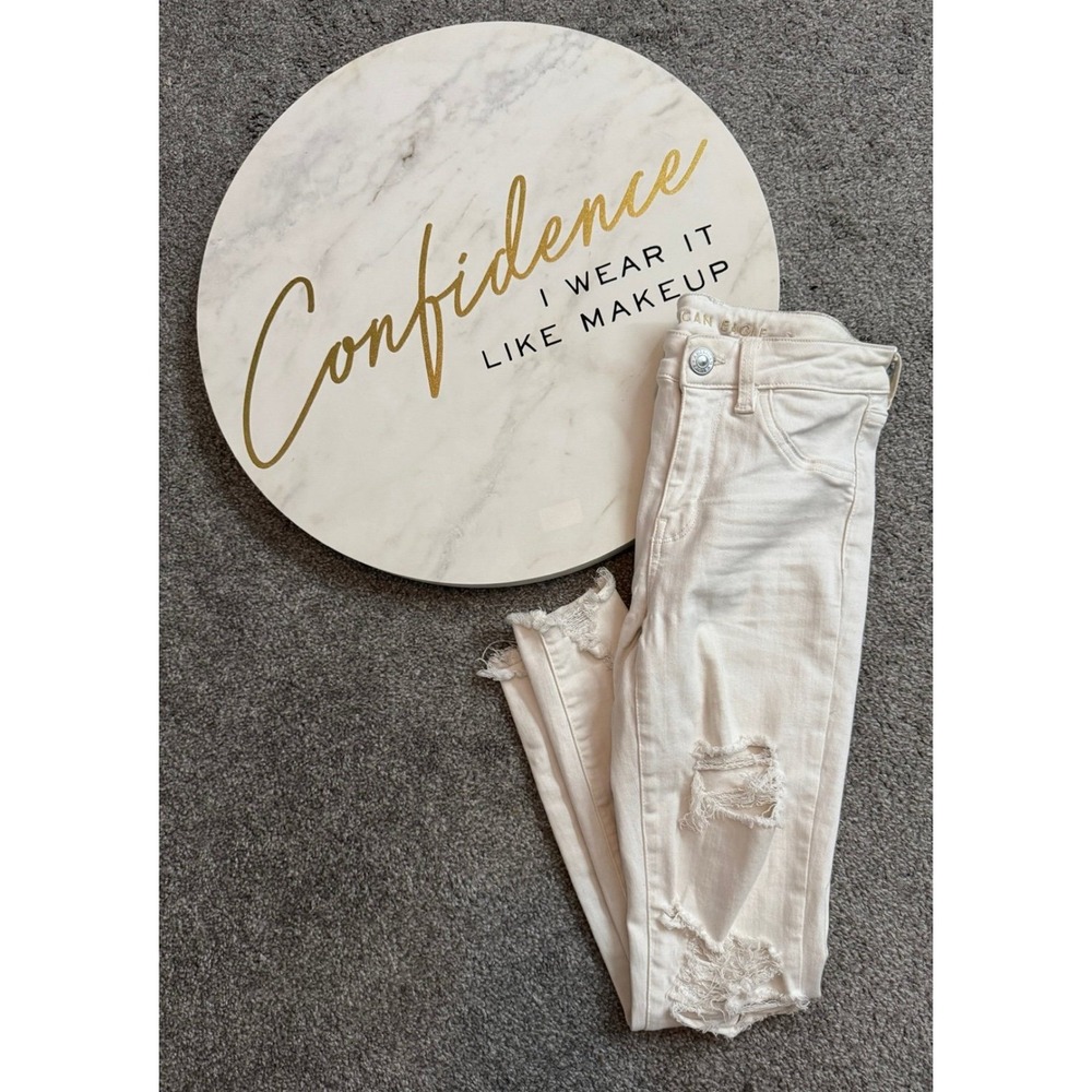 American Eagle White Skinny Stretch Jeans Ripped Distressed Size 4 Short